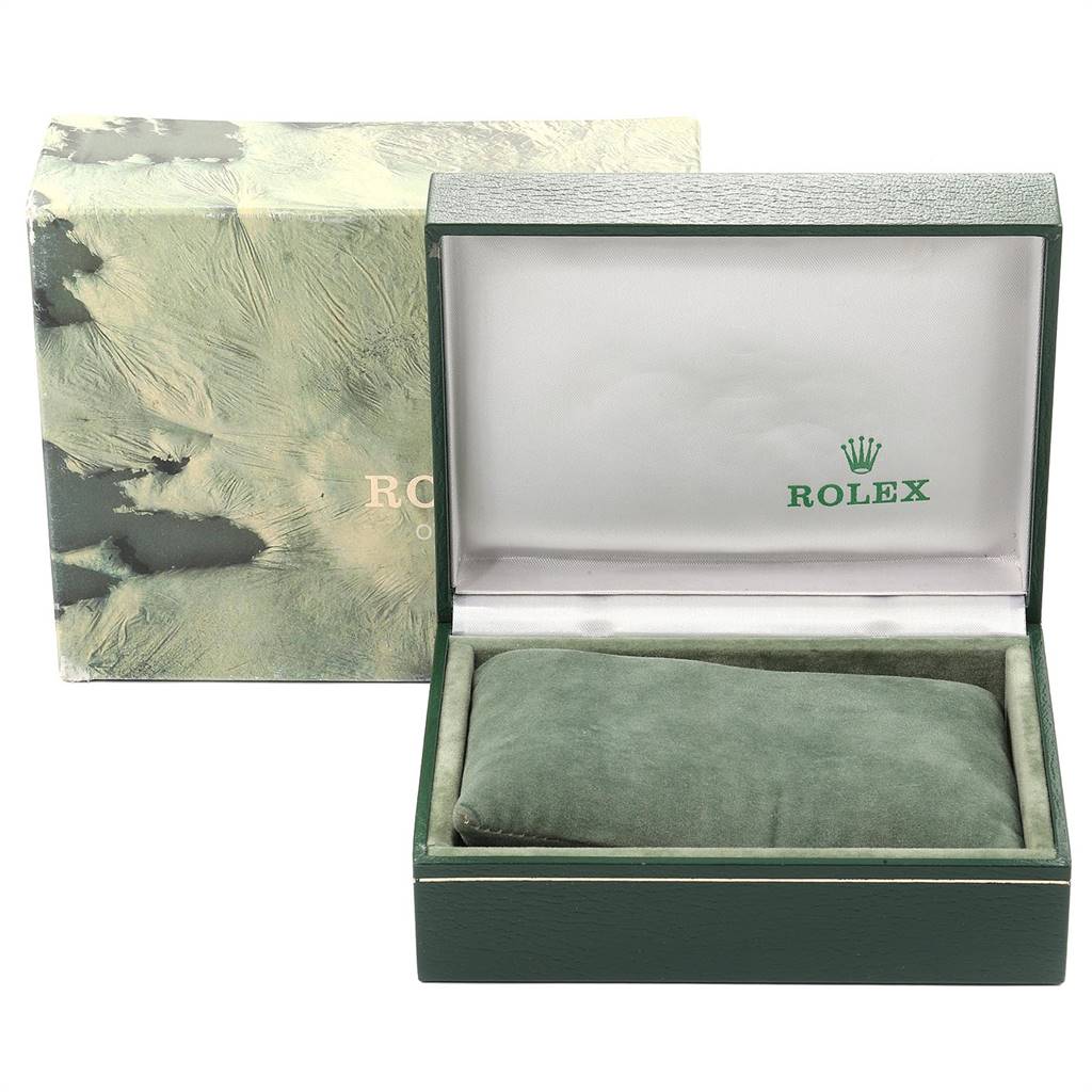 The image shows a Rolex Date 15053 Men's Steel and Gold (two tone) White Dial 15053 Men's Steel and Gold (two tone) White Dial model watch box and its outer cover at a front angle.