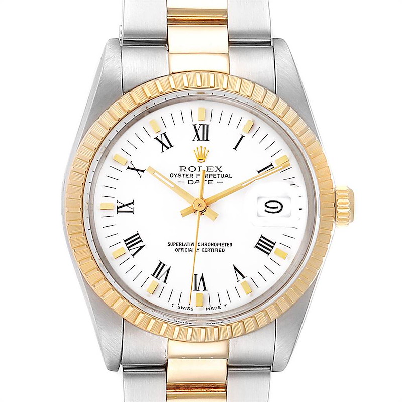 Rolex Date Mens Steel 18k Yellow Gold White Dial Mens Watch 15053 SwissWatchExpo