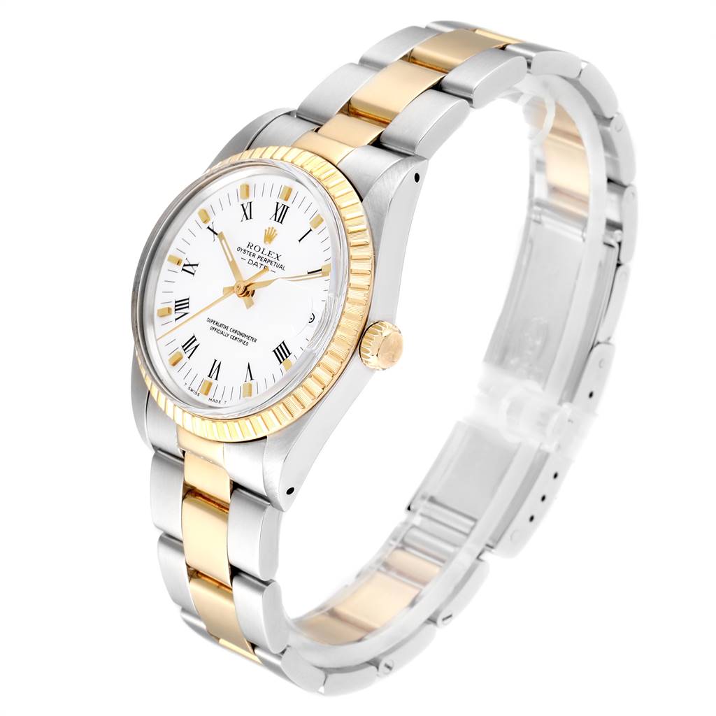 This image shows a three-quarter angled view of a Rolex Date 15053 Men's Steel and Gold (two tone) White Dial 15053 Men's Steel and Gold (two tone) White Dial model watch, showcasing the face, bezel, crown, and two-tone bracelet.