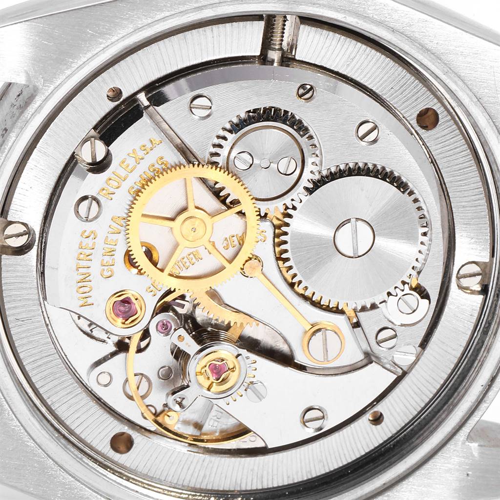 This image shows a close-up view of the internal movement components of a Rolex Date 6694 Men's Stainless Steel Silver Dial 6694 Men's Stainless Steel Silver Dial model watch.