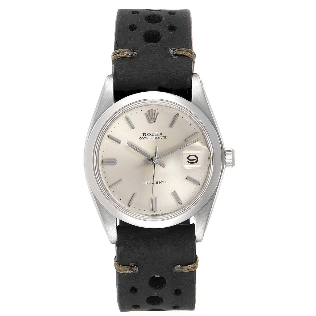 The Rolex Date 6694 Men's Stainless Steel Silver Dial 6694 Men's Stainless Steel Silver Dial model watch is shown from a front angle, displaying its dial, hands, bezel, and leather strap.