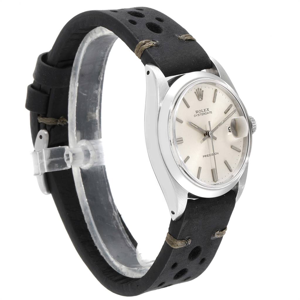 The image shows a side angle view of the Rolex Oysterdate Precision watch, highlighting the dial, case, and strap.