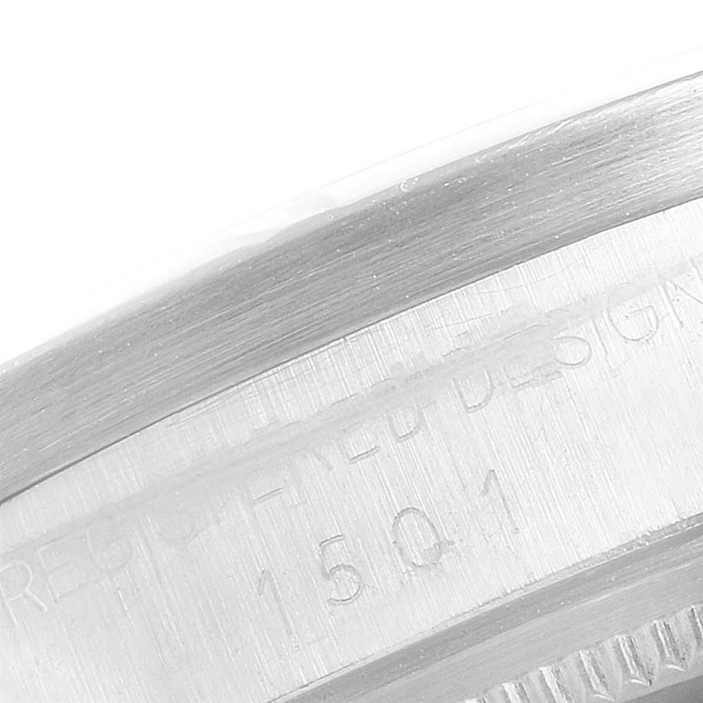This image shows a close-up of the case side engraving on a Rolex Date 1501 Men's Stainless Steel Silver Dial 1501 Men's Stainless Steel Silver Dial model watch.