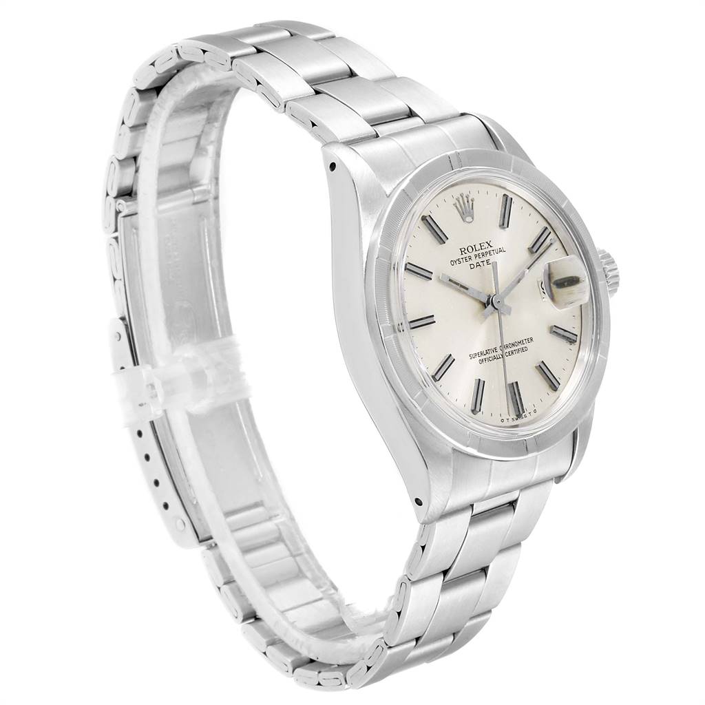 This image shows a Rolex Date 1501 Men's Stainless Steel Silver Dial 1501 Men's Stainless Steel Silver Dial model watch at a three-quarter angle, highlighting the dial, bezel, and metal bracelet.