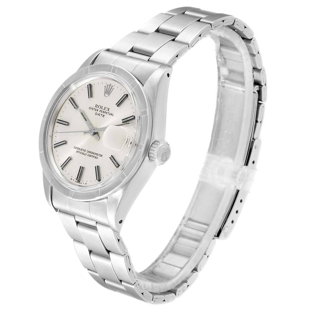 This Rolex Date 1501 Men's Stainless Steel Silver Dial 1501 Men's Stainless Steel Silver Dial model is shown from a front-left angle, displaying the face, crown, and bracelet.