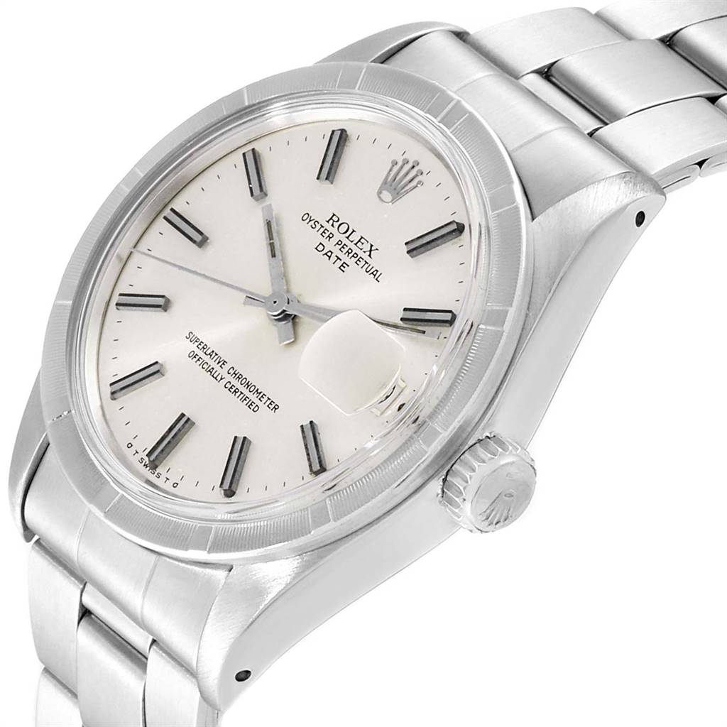 The image shows a Rolex Date 1501 Men's Stainless Steel Silver Dial 1501 Men's Stainless Steel Silver Dial watch at a side angle, highlighting the face, bezel, crown, and part of the bracelet.