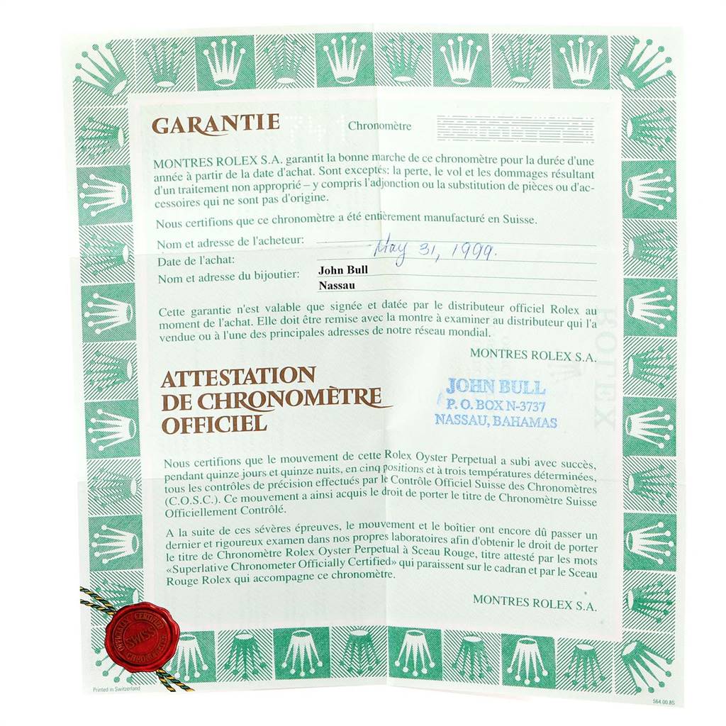 This image shows the warranty and official chronometer certificate for a Rolex Date 15223 Men's Steel and Gold (two tone) White Dial 15223 Men's Steel and Gold (two tone) White Dial model watch.