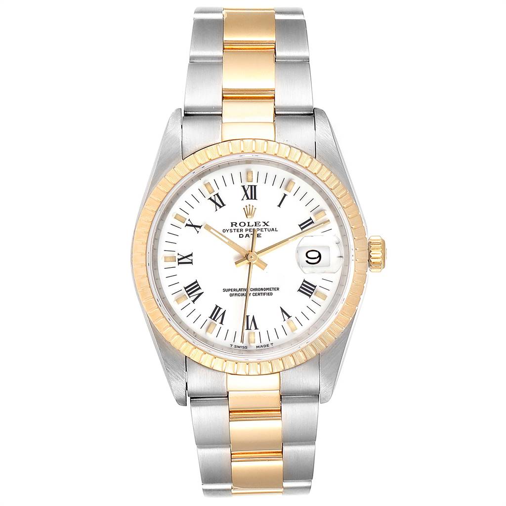 The image shows a front view of the Rolex Date 15223 Men's Steel and Gold (two tone) White Dial 15223 Men's Steel and Gold (two tone) White Dial model watch, highlighting its dial, bezel, crown, and bracelet.