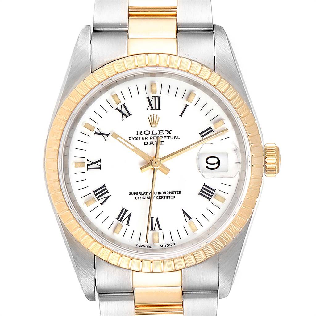 The image shows a frontal view of a Rolex Oyster Perpetual Date, highlighting the dial, bezel, and part of the bracelet.