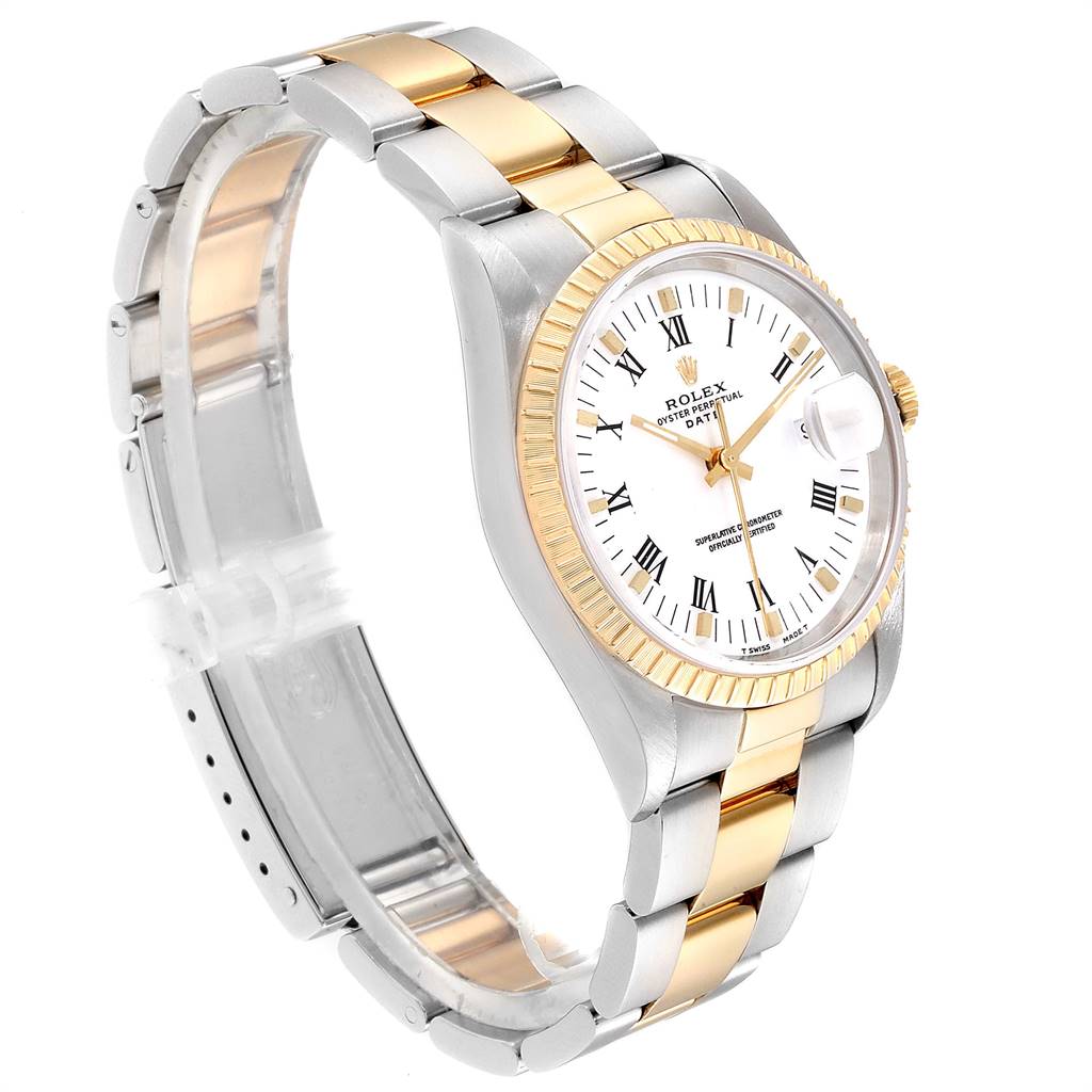The image shows a Rolex Date 15223 Men's Steel and Gold (two tone) White Dial 15223 Men's Steel and Gold (two tone) White Dial model watch at a tilted angle, displaying the face, bezel, and two-tone bracelet.