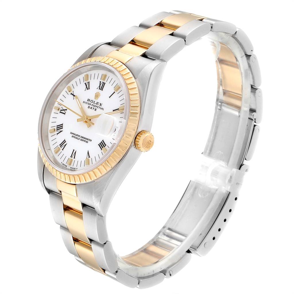 The Rolex Date 15223 Men's Steel and Gold (two tone) White Dial 15223 Men's Steel and Gold (two tone) White Dial model watch is shown at an angled side view displaying the dial, bezel, crown, and bi-color bracelet.