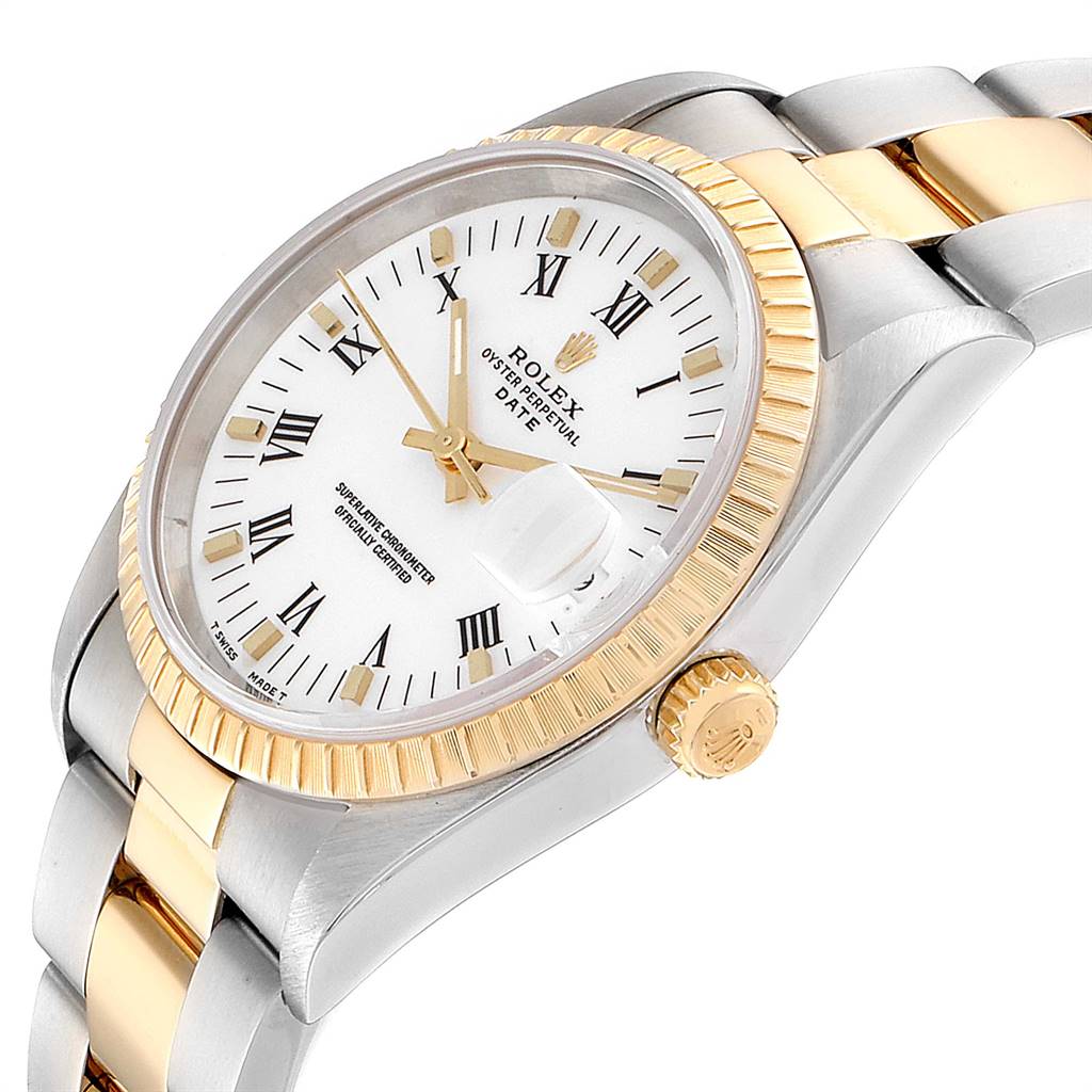The image shows a Rolex Date 15223 Men's Steel and Gold (two tone) White Dial 15223 Men's Steel and Gold (two tone) White Dial model watch at a slight angle emphasizing the dial, bezel, crown, and part of the bracelet.