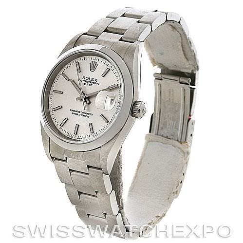 The image shows a side and front angle of a Rolex Date 15200 Men's Stainless Steel Silver Dial 15200 Men's Stainless Steel Silver Dial model watch, highlighting the face, bezel, crown, and bracelet.