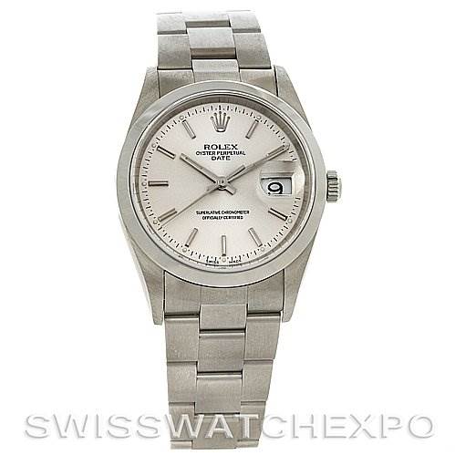 This is a front view of a Rolex Date 15200 Men's Stainless Steel Silver Dial 15200 Men's Stainless Steel Silver Dial model watch, showcasing its dial, bracelet, and crown.