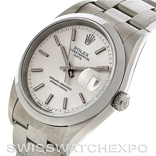 The image shows a silver Rolex Date 15200 Men's Stainless Steel Silver Dial 15200 Men's Stainless Steel Silver Dial model watch at a slight angle, highlighting the watch face, crown, and part of the bracelet.
