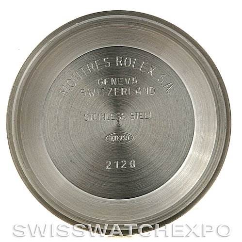 This is the inner case back of a Rolex Date 15200 Men's Stainless Steel Silver Dial 15200 Men's Stainless Steel Silver Dial watch, showcasing the brand's engravings and stainless steel material.