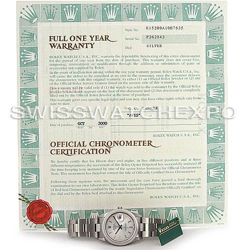 The image shows a Rolex Date 15200 Men's Stainless Steel Silver Dial 15200 Men's Stainless Steel Silver Dial model watch along with its warranty certificate and official chronometer certification.