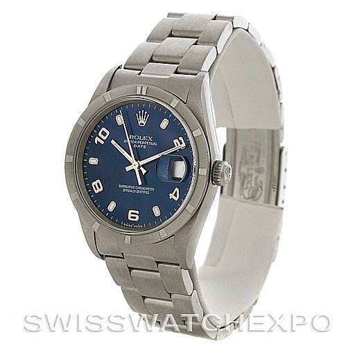 The image shows a Rolex Date 15210 Men's Stainless Steel Blue Dial 15210 Men's Stainless Steel Blue Dial model watch at a three-quarter angle, highlighting its blue dial, date window, and stainless steel bracelet.