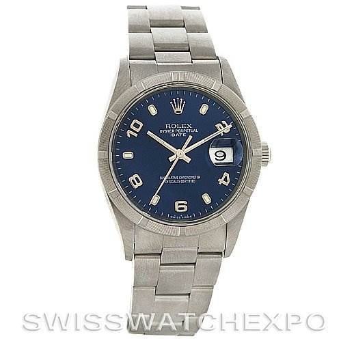 The image shows a front view of a Rolex Date 15210 Men's Stainless Steel Blue Dial 15210 Men's Stainless Steel Blue Dial model watch with a blue dial, silver case, and bracelet.