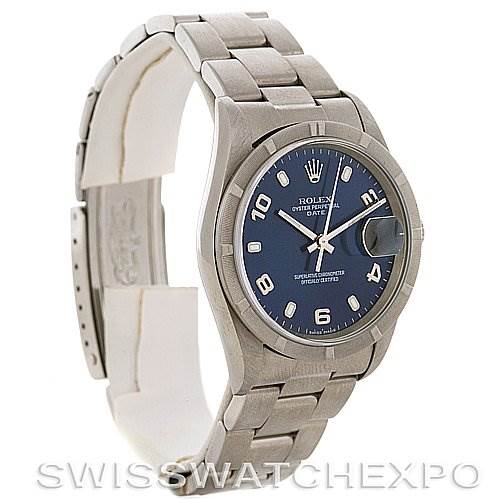 The image shows a Rolex Date 15210 Men's Stainless Steel Blue Dial 15210 Men's Stainless Steel Blue Dial model watch at a slight angle, highlighting its bracelet, case, and blue dial with date display.