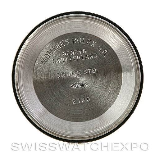 This image shows the inside case back of a Rolex Date 15210 Men's Stainless Steel Blue Dial 15210 Men's Stainless Steel Blue Dial model watch, made of stainless steel and inscribed with brand details.