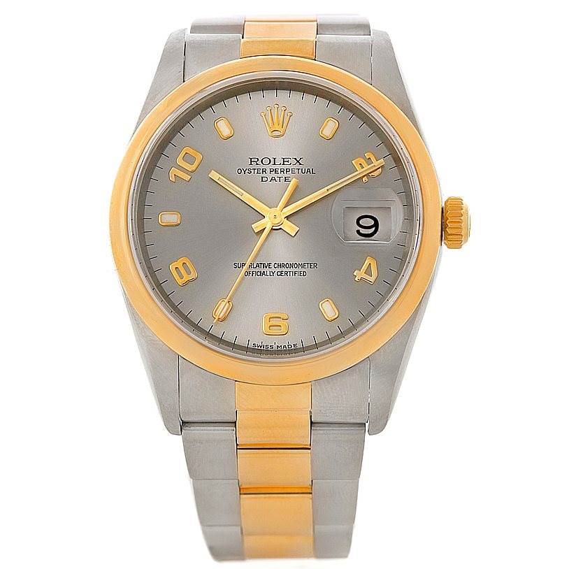 The Rolex Oyster Perpetual Date watch is shown from the front, including the dial, bezel, crown, and bracelet.