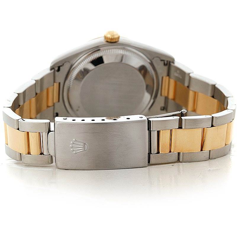 The image shows the back of a Rolex Date 15203 Men's Steel and Gold (two tone) Grey Dial 15203 Men's Steel and Gold (two tone) Grey Dial watch, highlighting the clasp, bracelet, and case back.