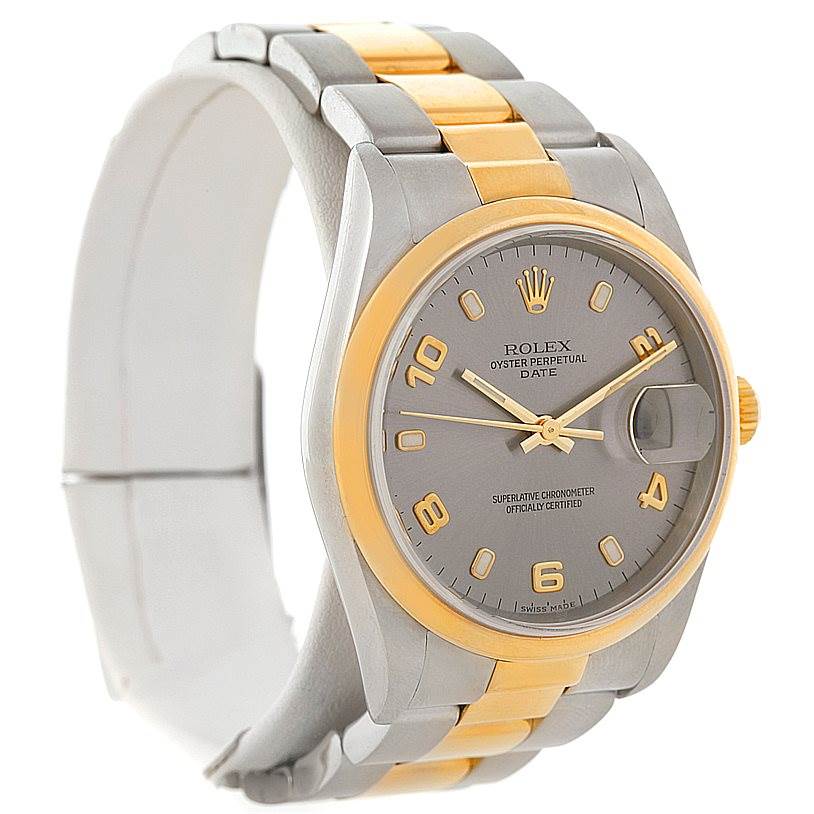 The Rolex Date 15203 Men's Steel and Gold (two tone) Grey Dial 15203 Men's Steel and Gold (two tone) Grey Dial watch is shown from a front angle, displaying the face, bezel, and partially the bicolor bracelet.