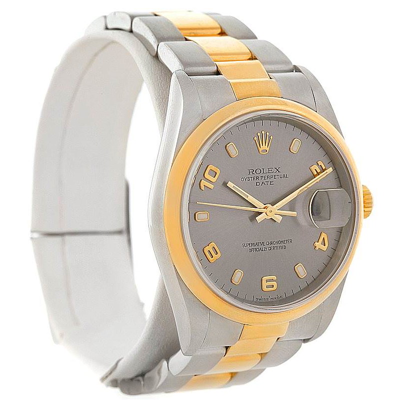 Rolex Date Steel 18k Yellow Gold Slate Dial Mens Watch 15203 SwissWatchExpo