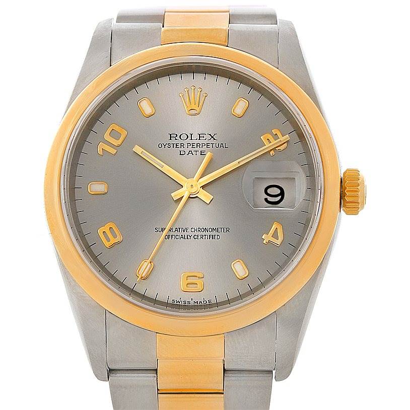 The image shows a front view of a Rolex Date 15203 Men's Steel and Gold (two tone) Grey Dial 15203 Men's Steel and Gold (two tone) Grey Dial model watch, highlighting its dial, bezel, hands, and crown.