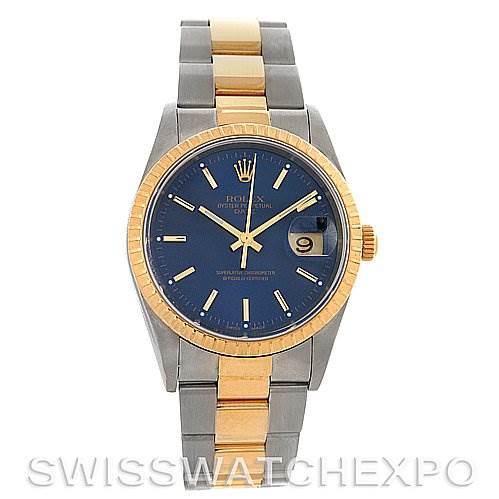 The image shows a front angle of a Rolex Date 15223 Men's Steel and Gold (two tone) Blue Dial 15223 Men's Steel and Gold (two tone) Blue Dial model watch, highlighting its blue dial, two-tone bracelet, and date window.