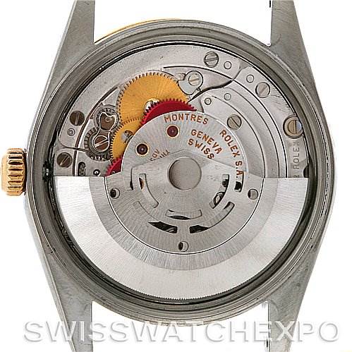 The image shows the back view of the Rolex Date 15223 Men's Steel and Gold (two tone) Blue Dial 15223 Men's Steel and Gold (two tone) Blue Dial model watch, revealing its internal mechanical movement.