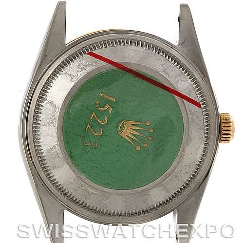 The image shows the case back of a Rolex Date 15223 Men's Steel and Gold (two tone) Blue Dial 15223 Men's Steel and Gold (two tone) Blue Dial model, emphasizing the reference number 15223.