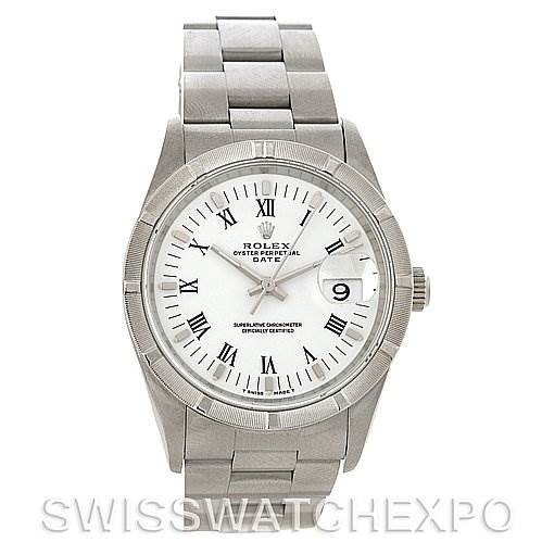 The image shows a front view of the Rolex Date 15210 Men's Stainless Steel White Dial 15210 Men's Stainless Steel White Dial model watch, displaying its face, bezel, crown, and metal bracelet.