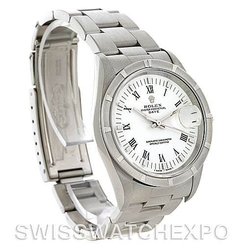 The Rolex Date 15210 Men's Stainless Steel White Dial 15210 Men's Stainless Steel White Dial watch is shown at an angle highlighting its face, bezel, crown, case, and bracelet.