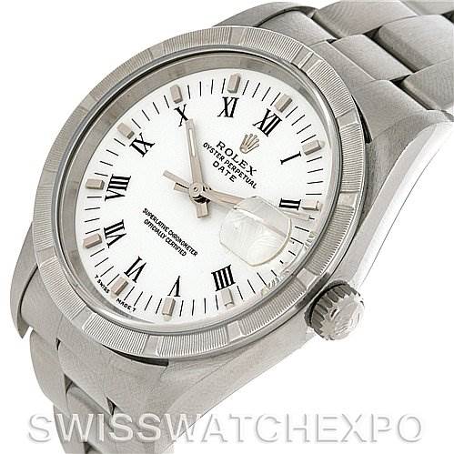 This image shows a close-up of the face, bezel, bracelet, and crown of a Rolex Date 15210 Men's Stainless Steel White Dial 15210 Men's Stainless Steel White Dial model watch.