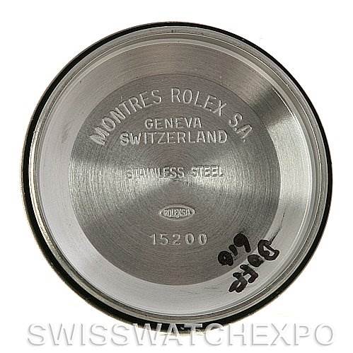 This image shows the inner case back of a Rolex Date 15210 Men's Stainless Steel White Dial 15210 Men's Stainless Steel White Dial watch, displaying engravings with model details and origin.