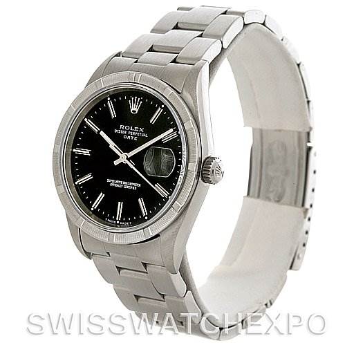 This image shows a Rolex Date 15210 Men's Stainless Steel Black Dial 15210 Men's Stainless Steel Black Dial model watch at a slight angle, highlighting the black dial, date window, stainless steel case, and bracelet.