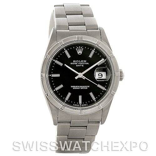 The image shows a Rolex Date 15210 Men's Stainless Steel Black Dial 15210 Men's Stainless Steel Black Dial model watch from a front view, displaying the face, bezel, crown, and bracelet.