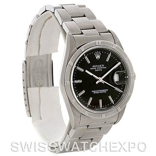 This image shows a three-quarter view of a Rolex Date 15210 Men's Stainless Steel Black Dial 15210 Men's Stainless Steel Black Dial model, displaying the face, bezel, case, and bracelet.