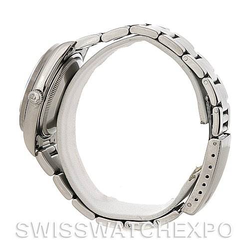 The Rolex Date 15210 Men's Stainless Steel Black Dial 15210 Men's Stainless Steel Black Dial model watch is shown from a side angle, highlighting the case, crown, and metal bracelet.