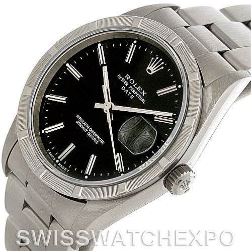 This image shows a Rolex Date 15210 Men's Stainless Steel Black Dial 15210 Men's Stainless Steel Black Dial model watch at a slight angle, highlighting the dial, bezel, and part of the bracelet.