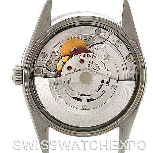This image shows the back view of a Rolex Date 15210 Men's Stainless Steel Black Dial 15210 Men's Stainless Steel Black Dial model watch, revealing its inner mechanical parts and movement.