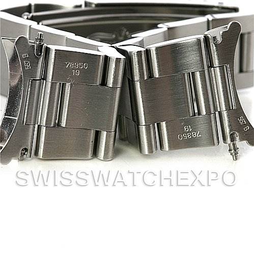 This image shows a close-up view of the bracelet links and clasp of a Rolex Date 15210 Men's Stainless Steel Black Dial 15210 Men's Stainless Steel Black Dial model watch, highlighting its stainless steel construction.