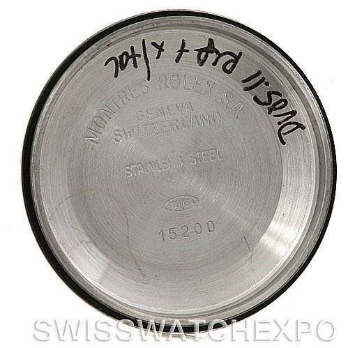 The image shows the inside case back of a Rolex Date 15210 Men's Stainless Steel Black Dial 15210 Men's Stainless Steel Black Dial model watch, with inscriptions indicating the model number 15200.