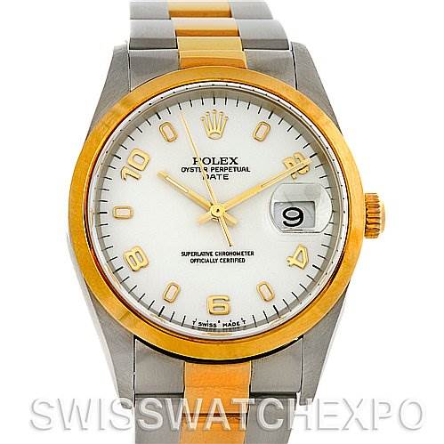 This image shows a front view of a Rolex Date 15203 Men's Steel and Gold (two tone) White Dial 15203 Men's Steel and Gold (two tone) White Dial model watch, featuring a two-tone bracelet, white dial, and gold bezel.