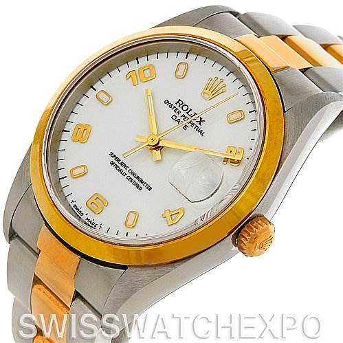 The image shows a Rolex Date 15203 Men's Steel and Gold (two tone) White Dial 15203 Men's Steel and Gold (two tone) White Dial model watch at a slight angle, highlighting the face, bezel, crown, and part of the bracelet.