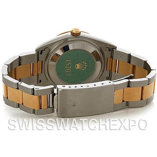 This image shows the back and bracelet of the Rolex Date 15203 Men's Steel and Gold (two tone) White Dial 15203 Men's Steel and Gold (two tone) White Dial model watch, highlighting its clasp and two-tone design.