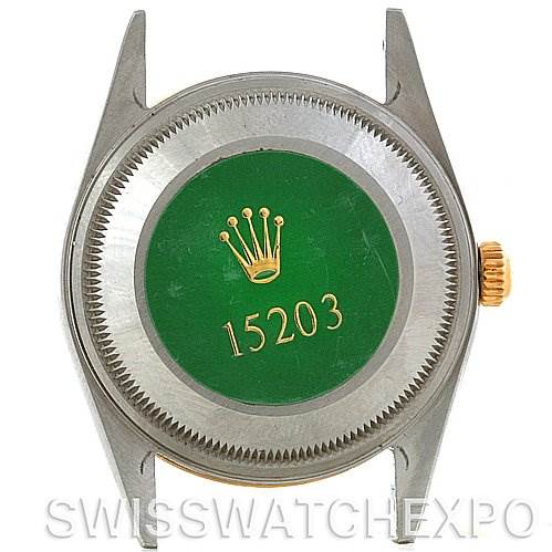 The image shows the back case of a Rolex Date 15203 Men's Steel and Gold (two tone) White Dial 15203 Men's Steel and Gold (two tone) White Dial model watch, with the model number 15203 visible.