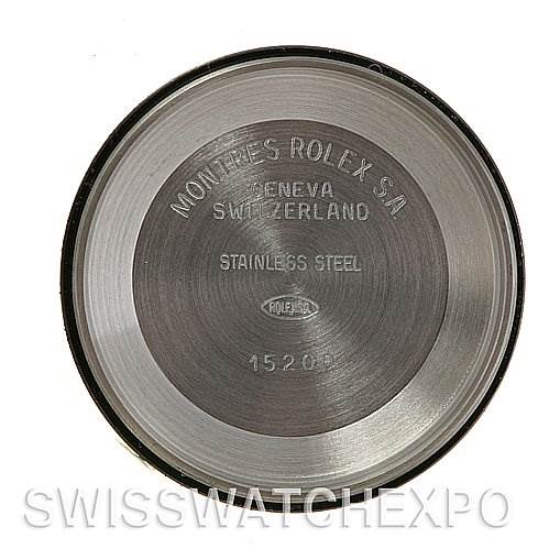 Image shows the inside case back of a Rolex Date 15203 Men's Steel and Gold (two tone) White Dial 15203 Men's Steel and Gold (two tone) White Dial model, featuring engravings and the model number 15200.